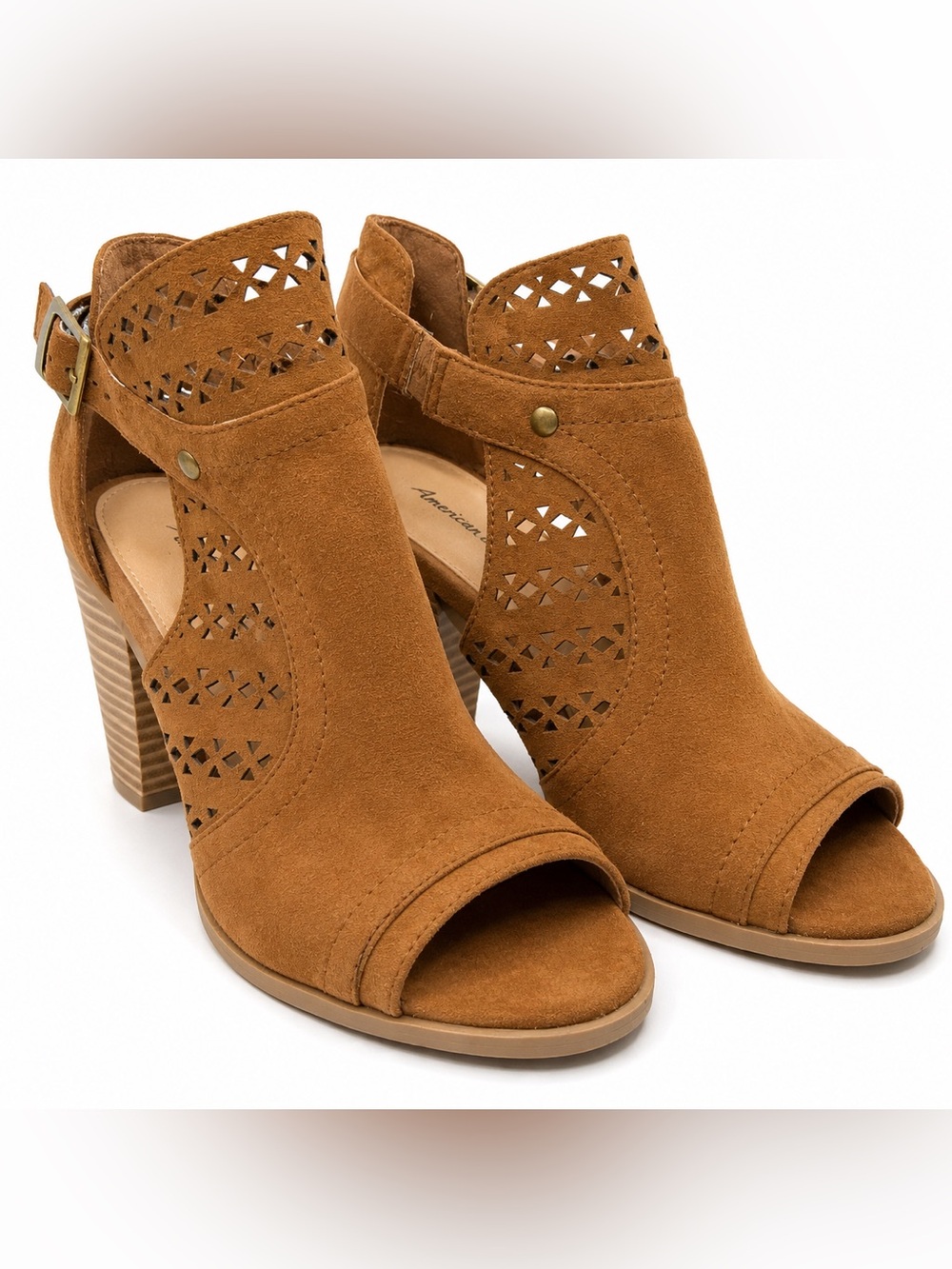 American Eagle Womens Size 9 Brown Laser Cut Peep Toe Block Heel Sandals Boho